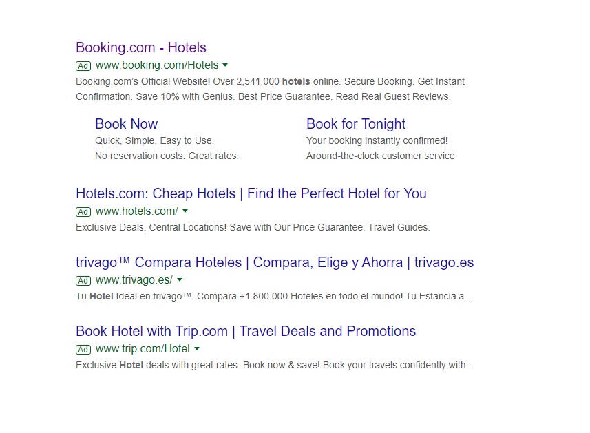 An example of hotel search results for improved CTR