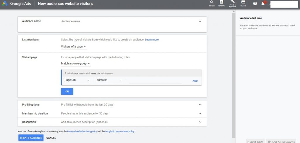 Setting up the remarketing audience in Google Ads