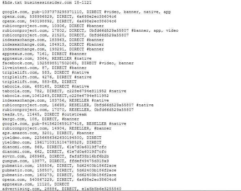 An example of an ads.txt list