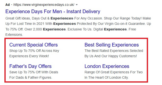 An example of sitelink extensions in Google Ads